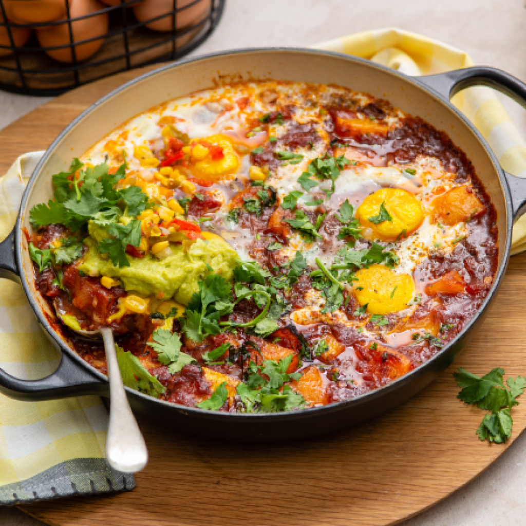 Spicy Seshebo with Roast Butternut, Poached Eggs and Soft Tacos